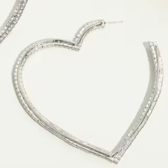 Huge Rhinestone Heart Silver Hoop Earrings CZ Crystal Pave Hoops New - Picture 13 of 14